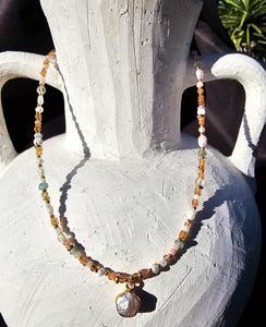 Amber Beaded Necklace with Pearl Pendant