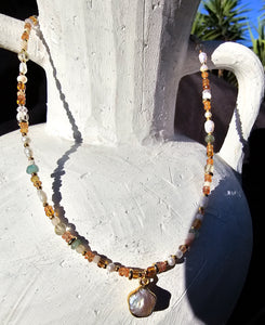 Amber Beaded Necklace with Pearl Pendant