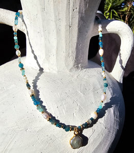 Apatite Beaded Necklace with Pearl Pendant